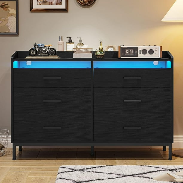 Black Dresser Chest of Drawers with LED Lights & 6 Drawers, Dressers