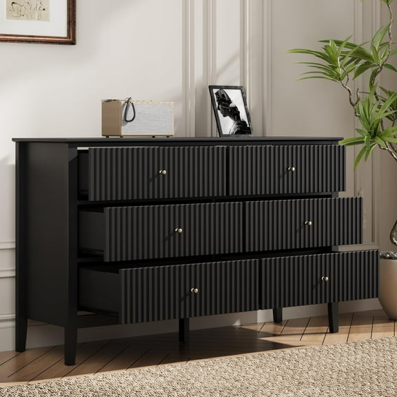 Black Dresser Fluted 6 Drawer Dresser Wide Modern Chest of Drawers Large Closet Dressers Wood Storage Dressers Organizer Storage Cabinet for Bedroom Living Room Hallway Entryway