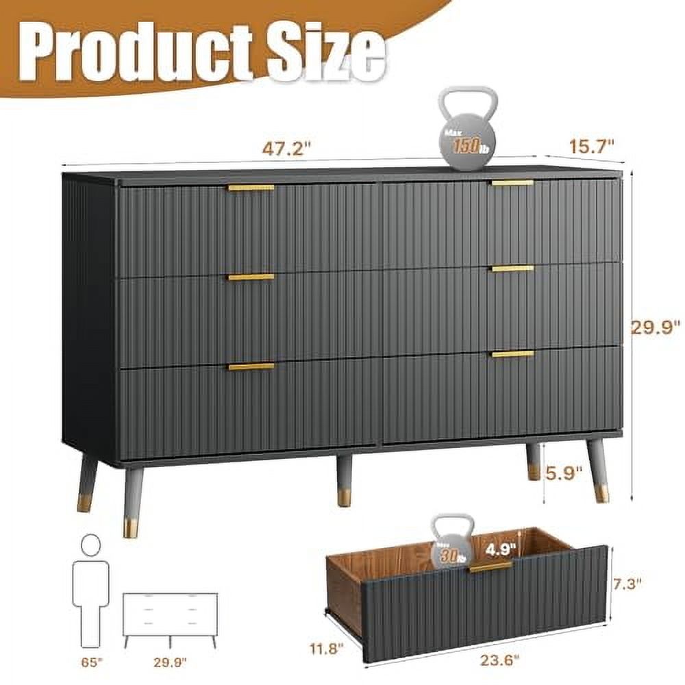 Black Dresser, Fluted Black and Gold Dresser for Bedroom, 6 Drawer