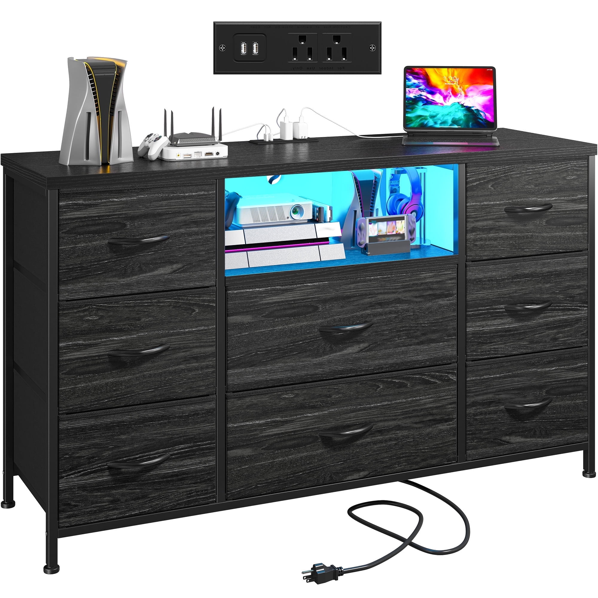 Romorgniz Dresser TV Stand for 55 inch TV with LED Lights & Charging Station Dresser for Bedroom with 8 Drawers, Black