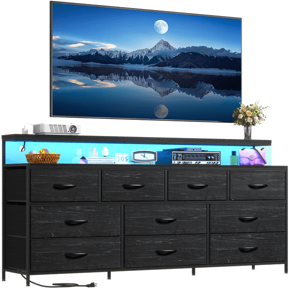 Romorgniz Black TV Stand for 65 inch TV Dressers for Bedroom with 10 Fabric Drawers Modern TV Stand for Living Room with LED Lights & Power Outlets