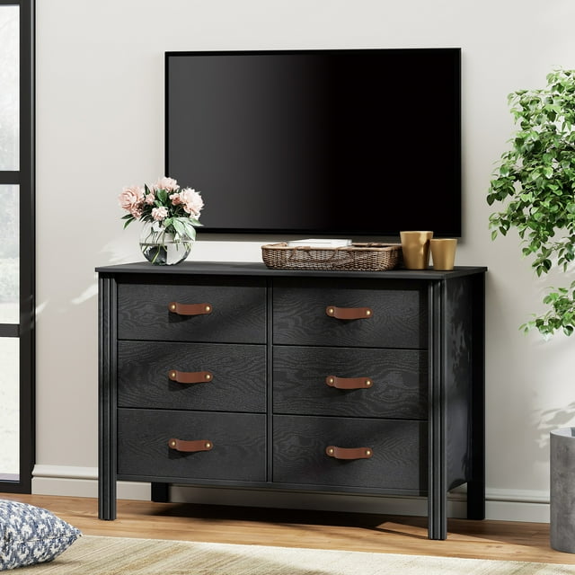 Black Dresser TV Stnd for 43 Inch TV, Wood Entertainment Center with 6