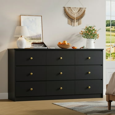 YouTrend 9 Drawer Dresser for Bedroom, Black Wood Adult Dresser with Metal Handles for Living Room, Hallway