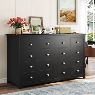 Black Dresser for Bedroom, 10 Drawer Wood Chest of Drawers, Modern Wide Storage Dresser Cabinet with Large Wooden Top for Bedroom, Living Room