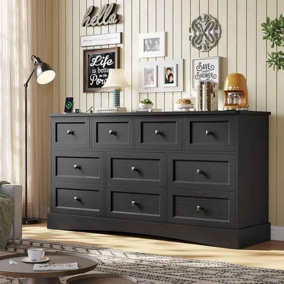 Black Dresser for Bedroom 10 Drawers Double Dresser with Charging Station, Farmhouse Chest of Drawers Storage Tower Organizer for Living Room Closet