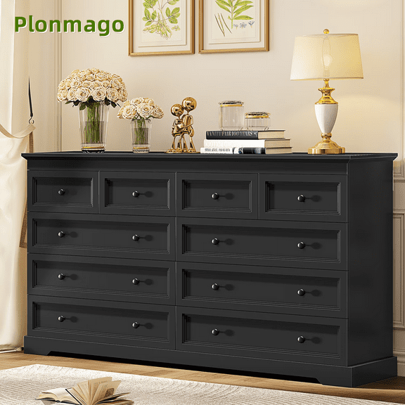 Plonmago Black Dresser for Bedroom,10 Drawers Dresser, 55" Wood Large Dressers with 10 Drawers, Chest of Drawers for Bedroom, Living Room