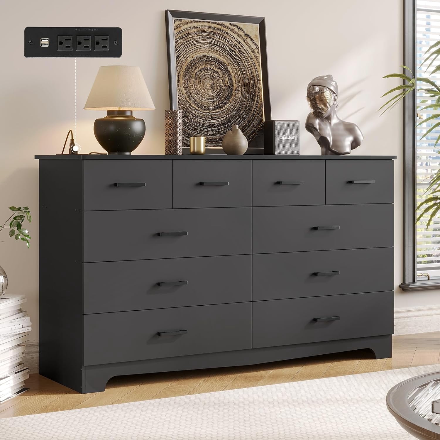 Black Dresser for Bedroom 10 Drawers Dresser & Chest of Drawers with Power Outlets, Modern Wide Wood Storage Cabinets & TV Stand for Living Room Hallway