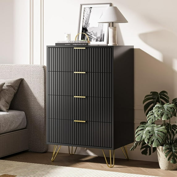 Black Dresser for Bedroom, 4 Drawer Dresser with Gold Metal Handles & Chests of Drawers, Chests of Drawers for Hallway, Bedroom