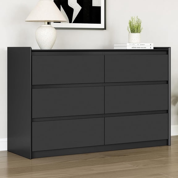 Black Dresser for Bedroom, 47" Wide Chest of Drawers, Simply Modern 6 Drawer Storage Organizer for Closet, Hallway, or Living Room