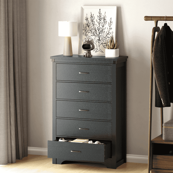 Farmhouse 5 Drawer Dresser for Bedroom, 47" Tall Chest of Drawers, Wood Black Dresser with Deep Drawers, Storage Dressers Organizer for Bedroom, Living Room, Hallway, Black
