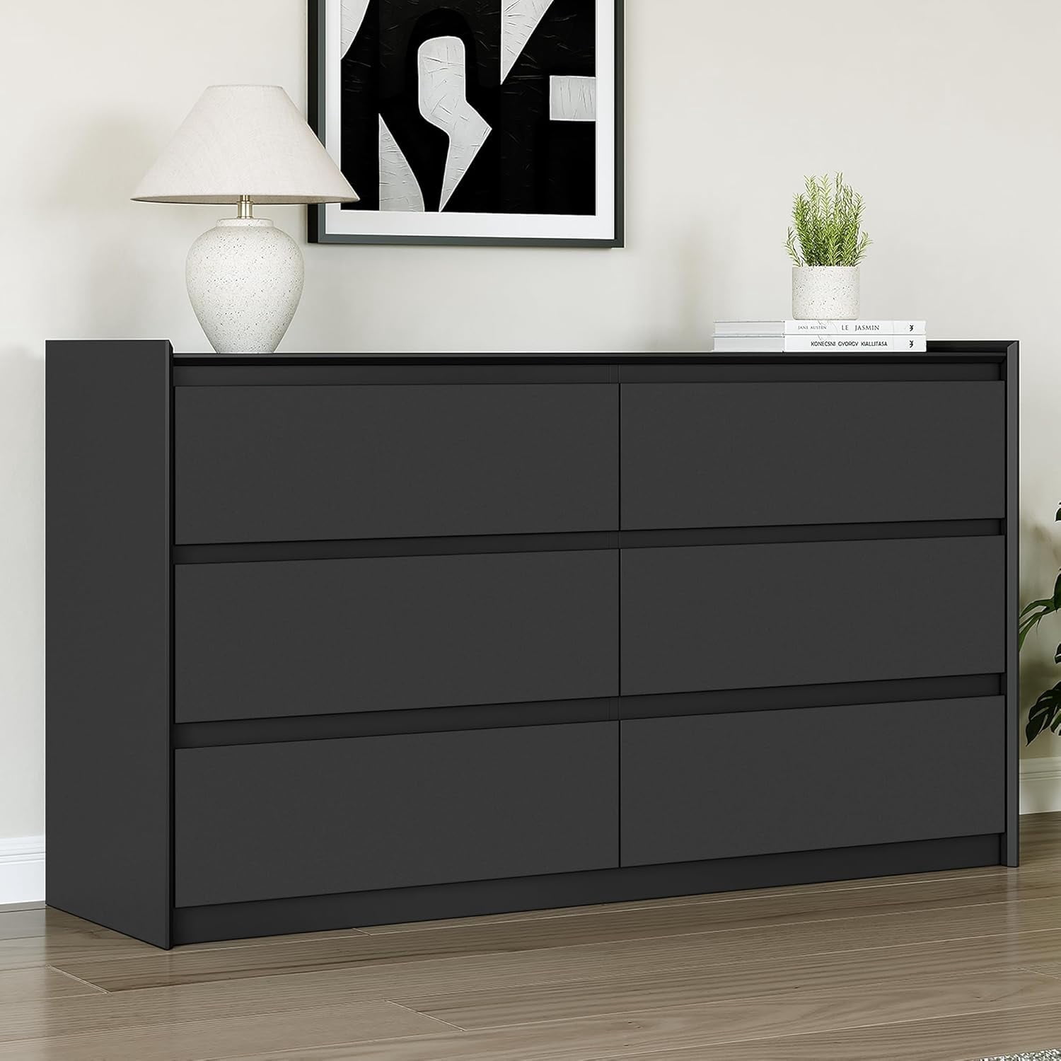 Black Dresser for Bedroom, 54" Wide Chest of Drawers, Simply Modern 6 Drawer Storage Organizer for Closet, Hallway, or Living Room