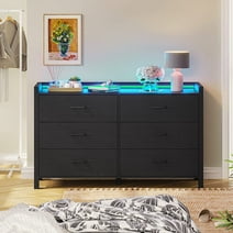 Black Dresser for Bedroom, 6 Drawer Double Dresser with LED Lights, Wood Chest of Drawers, Modern Storage Dresser for Bedroom