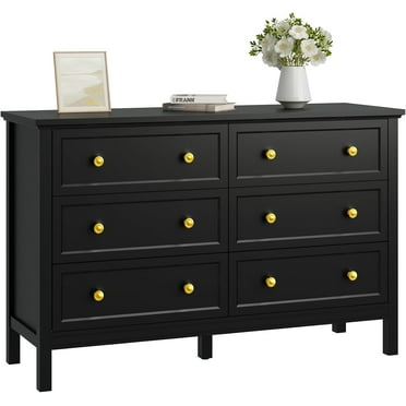 Black Dresser for Bedroom, 6 Drawer Dresser with Wide Drawer and Metal Handles, Wood Dressers & Chests of Drawers for Hallway, Entryway.