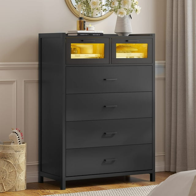 Black Dresser for Bedroom, 6 Drawer Dressers with LED Lights, Dressers