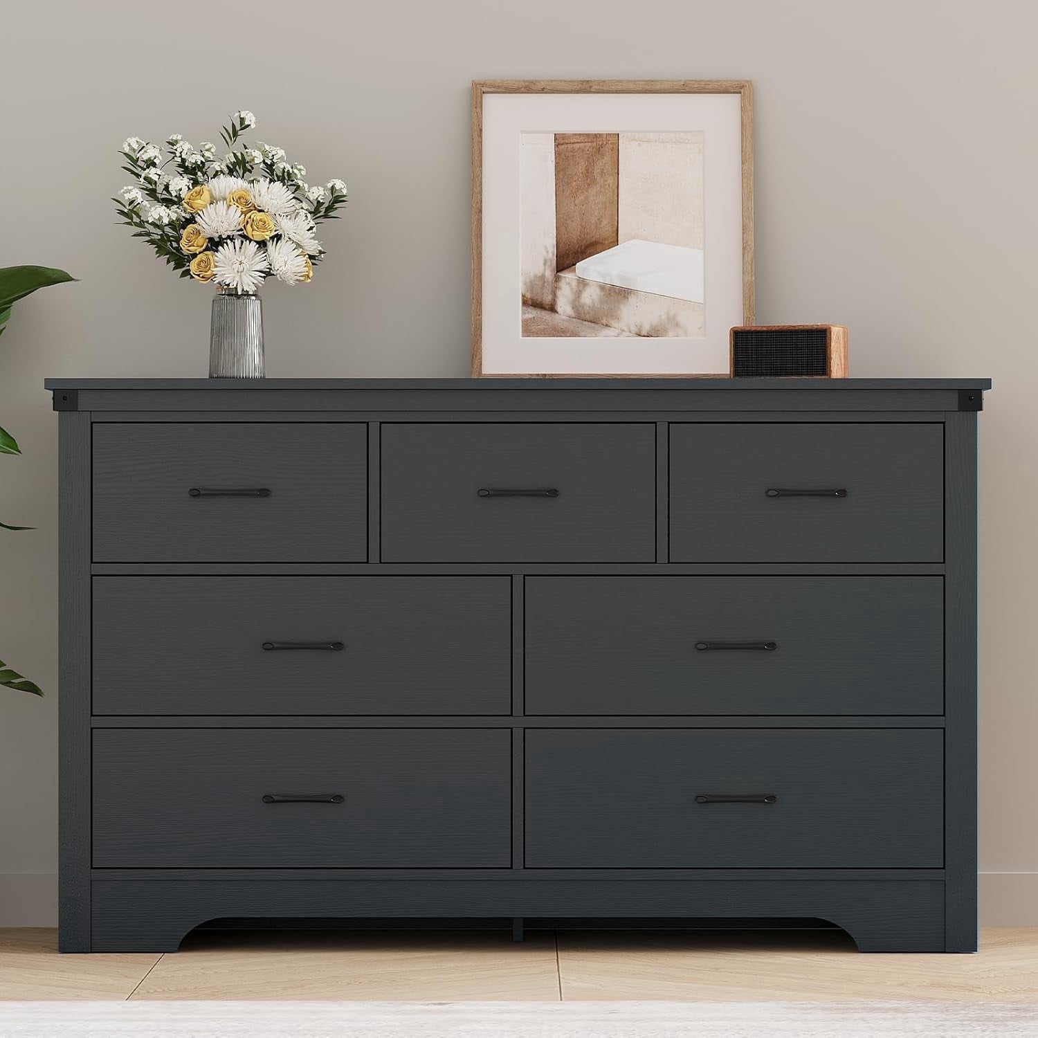 Farmhouse 7 Drawer Dresser for Bedroom, 51" Wide Chest of Drawers, Wooden Dresser TV Stand, Storage Dressers Organizer for Bedroom, Living Room, Hallway, Black