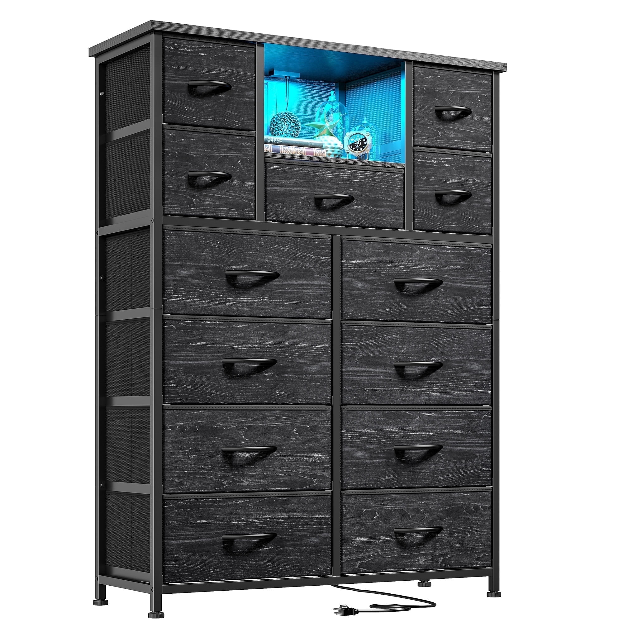 Black Dresser for Bedroom with 13 Fabric Drawers Tall Dresser with LED Light & Charging Station, Rustic Brown