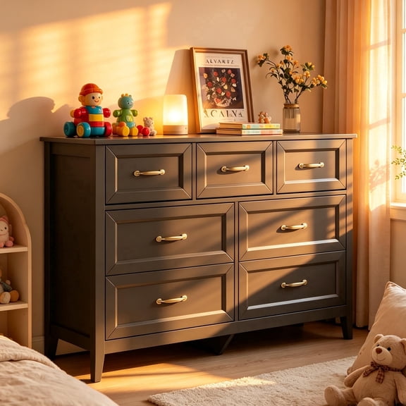 Black Dresser for Bedroom, Gizoon 7 Chest of Drawers with Metal Handles, 47" Wide Wooden Storage Organizer for Living Room/Hallway/Entryway