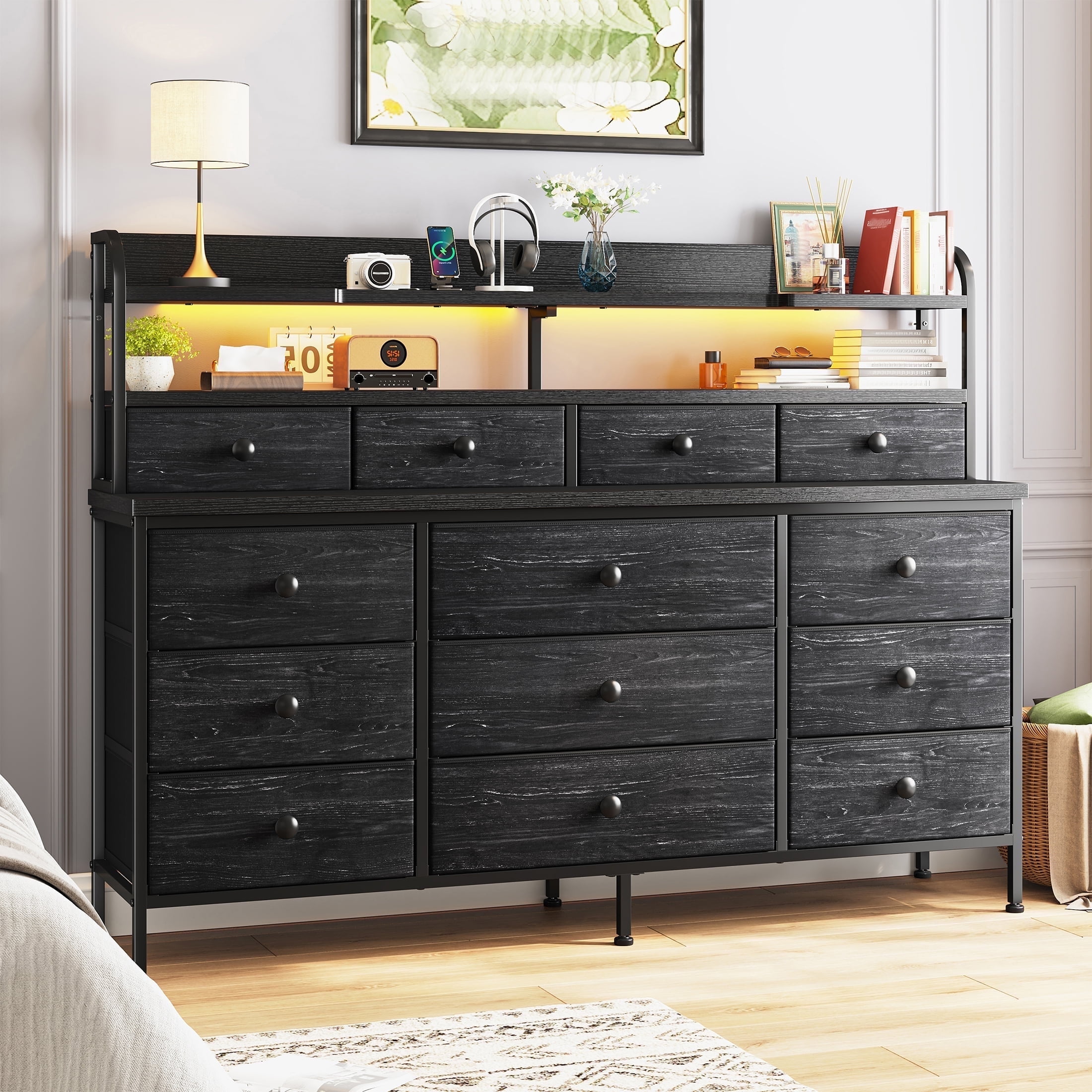 Black Dresser for Bedroom Long Dresser with 13 Fabric Drawers with Shelves  for Closet with LED Light