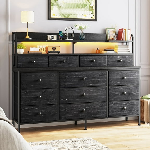 Black Dresser for Bedroom Long Dresser with 13 Fabric Drawers with Shelves for Closet with LED Light