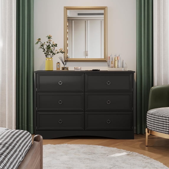 Black Dresser for Bedroom, Modern Farmhouse Wide 6 Drawer Dresser, Chest of Drawers for Living Room, Entryway and Hallway