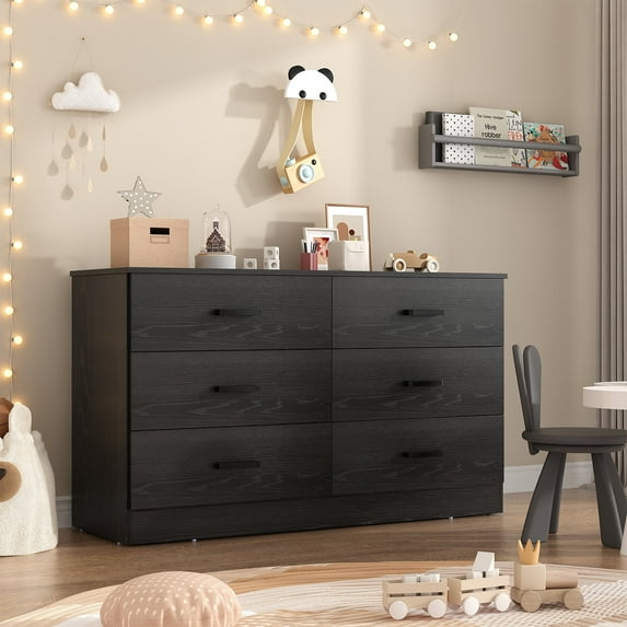 Black Dresser for Bedroom, Winkalon 6 Drawers Dresser Modern Wood Double Chest of Drawers for Bedroom Living Room