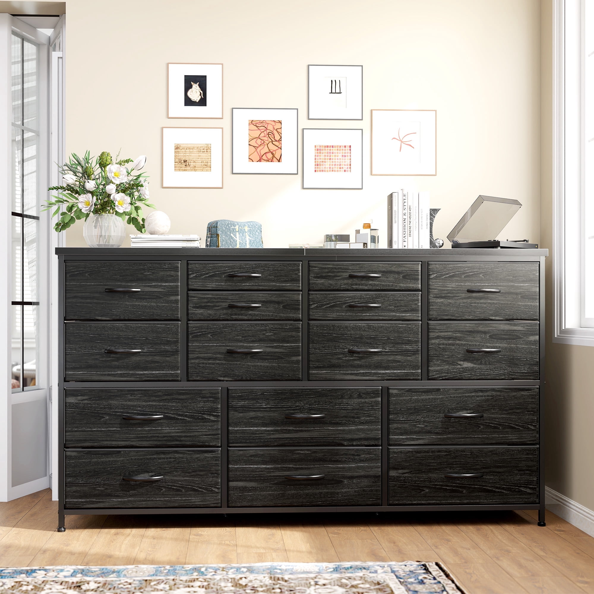 Romorgniz Black Dresser for Bedroom with 16 Drawers for Closet Fabric Dressers & Chests of Drawers TV Stand with Charging Station