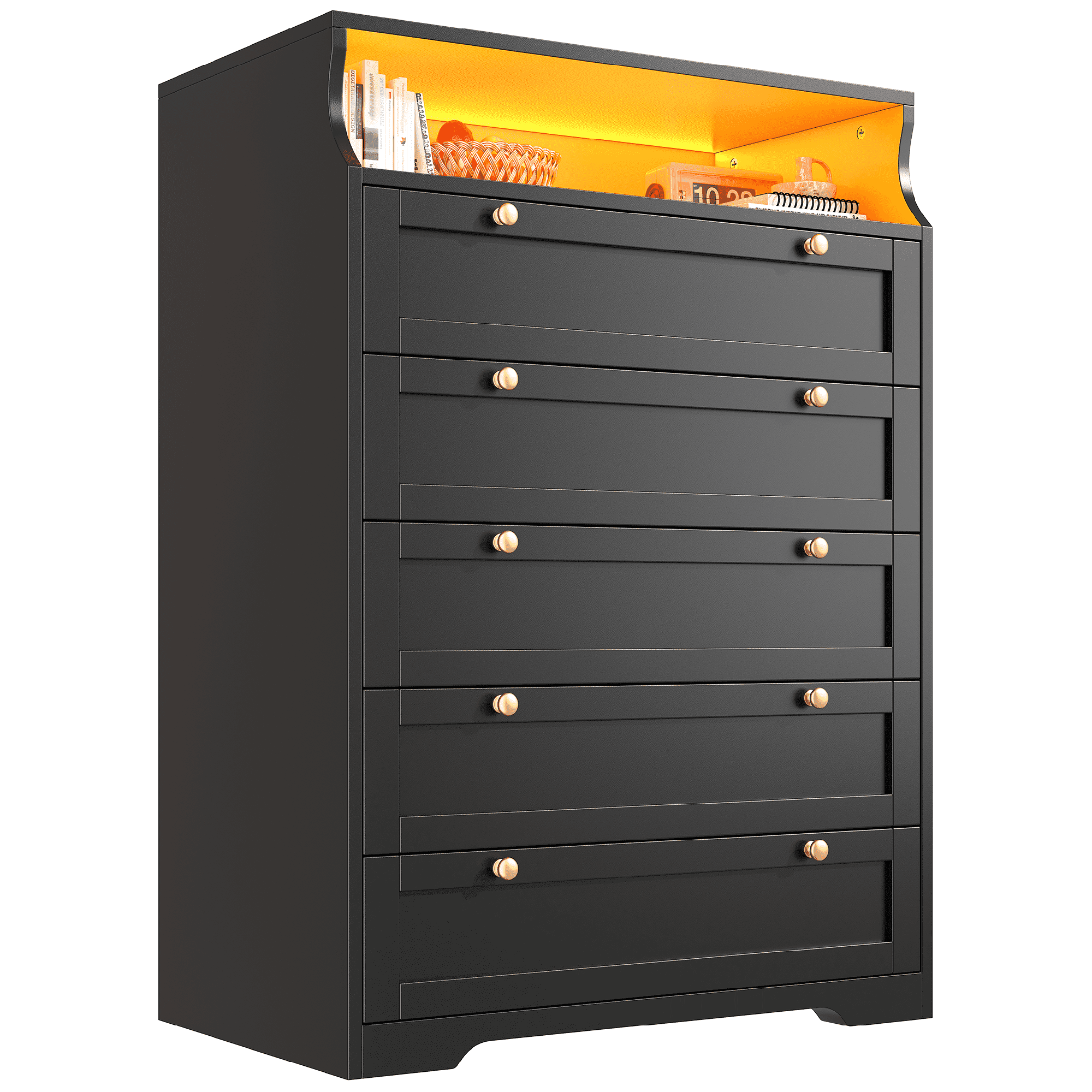 Black Dresser for Bedroom with 5 Drawers,Modern Chest of Drawers with LED Lights and 2 Shelves for Living Room,Hallway