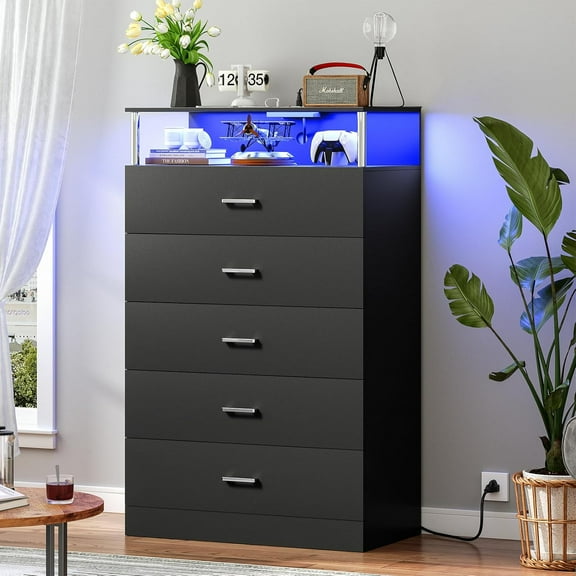 Black Dresser for Bedroom with Column Design & Charging Station, Led 5 Drawers Tall Dresser for Bedroom,Black