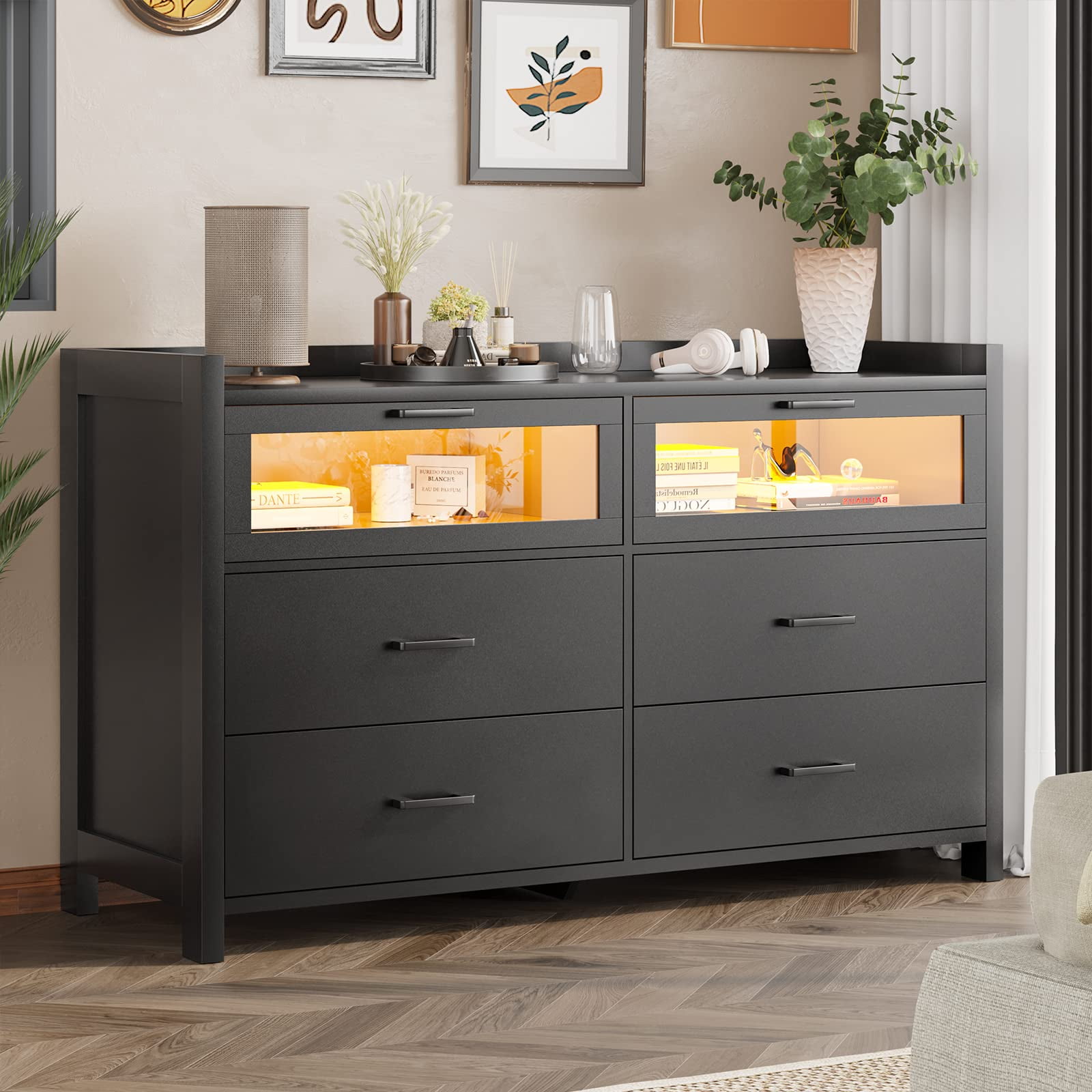 Black Dresser with 6 Drawers&Led Lights, Chests of Drawers Closet Dresser for Bedroom Living
