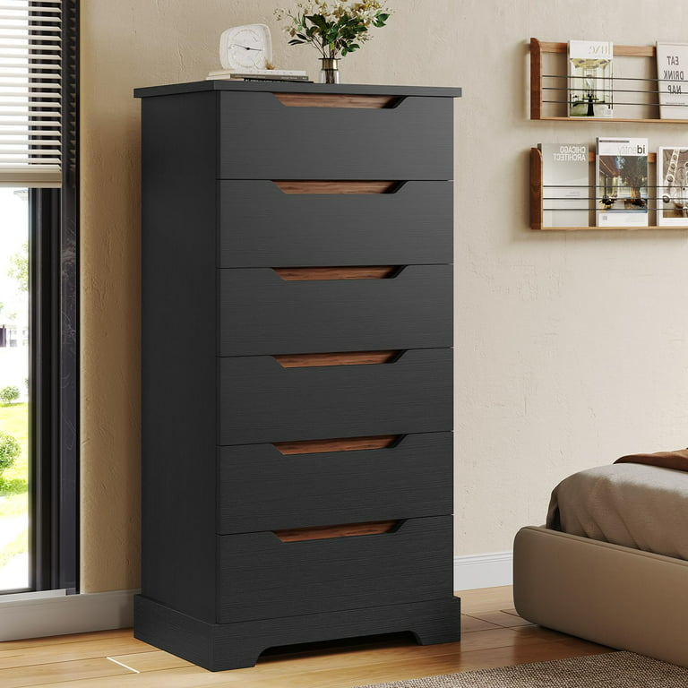 Black Dresser with 6 Drawers for Bedroom, Narrow Tall Chest of Drawers  Storage Tower Clothes Organizer for Living Room 