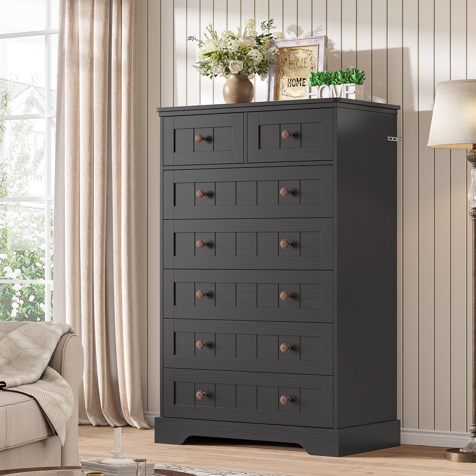 Black Dresser with 7 Drawers for Bedroom Farmhouse 51" Tall Dresser with Wide Drawers and Handles, Wood Storage Cabinet for Living Room
