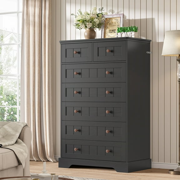 Black Dresser with 7 Drawers for Bedroom Farmhouse 51" Tall Dresser with Wide Drawers and Handles, Wood Storage Cabinet for Living Room