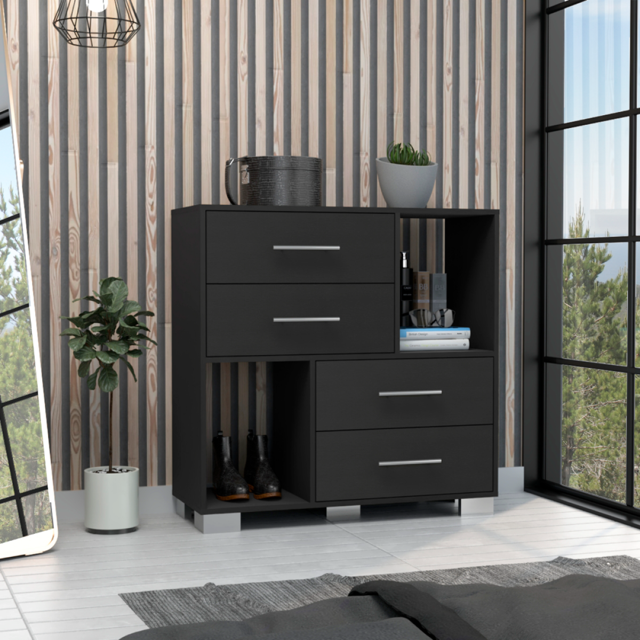 Black Dresser with Metal Handles 4 Drawers and 2 Shelves, Space