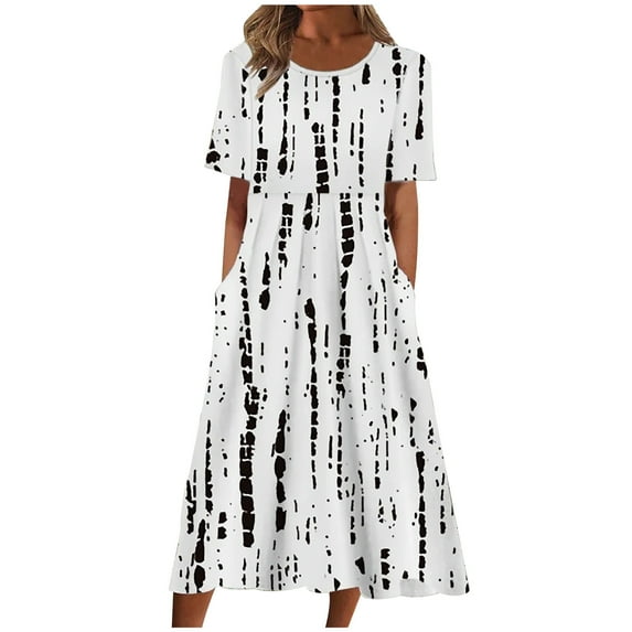 Black Dresses for Women Short Sleeve Printing Floral Pattern Holiday Dress Round Neck Fit And Flare Trendy Vacation Casual Dress Midi Fashion Daily A-Line Blouse Pleated Dress with Pocket,M