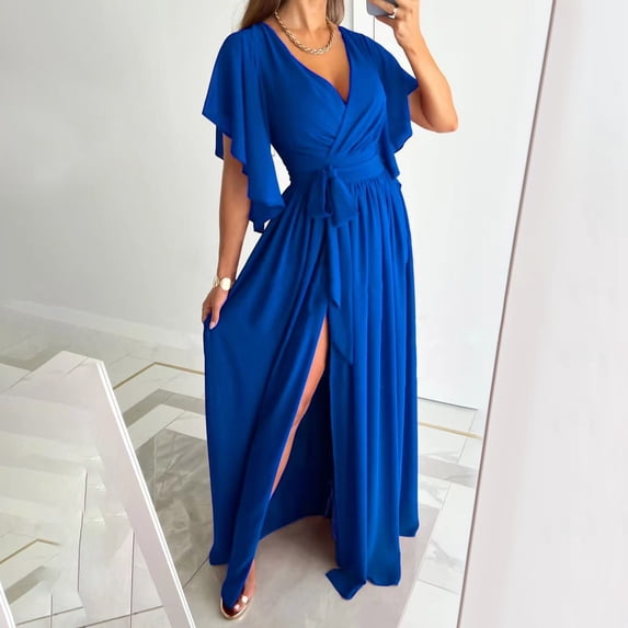 Black Dresses for Women Wedding Guest Dresses for Women Women's Summer Sexy Solid Waist V-Neck Trumpet Short Sleeve Hem Split Dresses Floral Printed Wrap Maxi Dress Beach Formal Dress