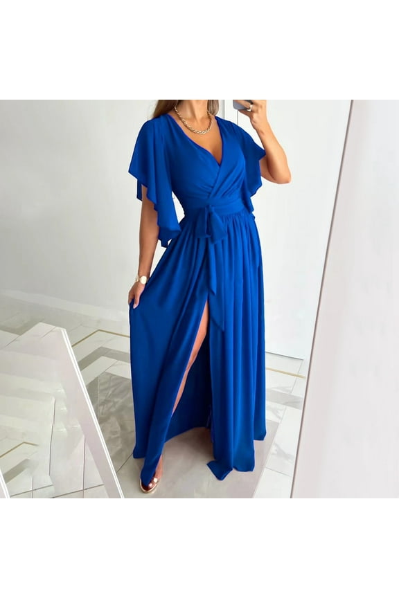 Black Dresses for Women Wedding Guest Dresses for Women Women's Summer Sexy Solid Waist V-Neck Trumpet Short Sleeve Hem Split Dresses Floral Printed Wrap Maxi Dress Beach Formal Dress