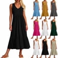 thumbnail image 1 of Black Dresses for Women Solid Color V-neck Womens Dresses With Folded Skirt Pocket Plus Size Dresses Beach Skirt Long Dresses for Women, Black-S, 1 of 7