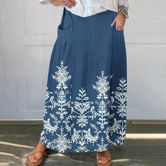 Black Dresses for Women Viikei Lace Skirt with Sheer Panels,Women's Printed Elastic Waistband Pleated Pocket Skirt With Mid Calf Skirt Navy XL