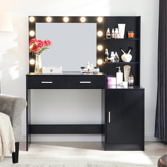 Black Dressing Table with Lights & 2 Drawers / Elevate Bedroom Aesthetics