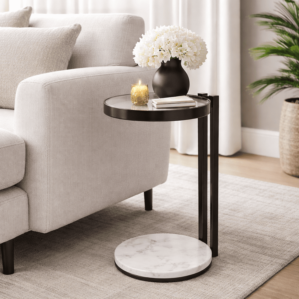 Black Drink Table with Glass Top & White Marble Base Decorative Modern End Table Metal Base Side Table Accent Table for Living Room 10x10x23.25"