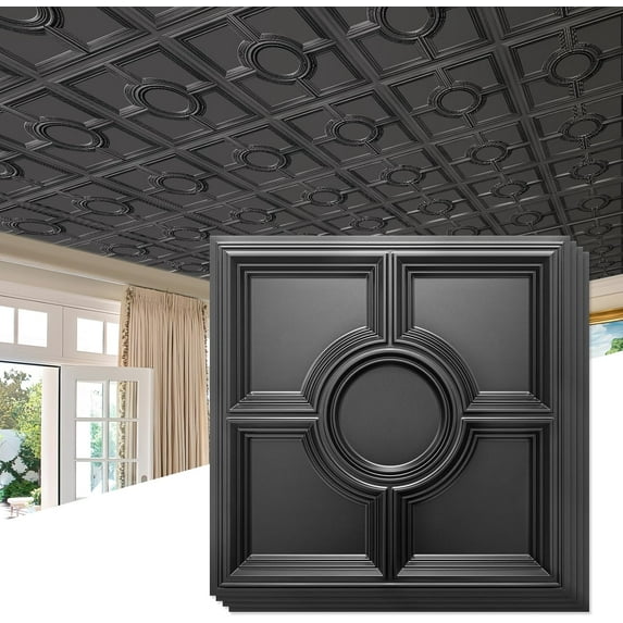 Black Drop Ceiling Tiles 2ft x 2ft, Glue Up Ceiling Panels 24 x 24in, Waterproof, Premium PVC to Prevent Breakage, 12 Pack Cover 48 Sq. Ft