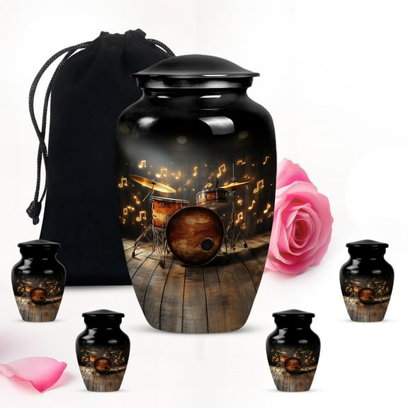 Black Drum Set Large Funeral urns for ashes adult male & female - small funeral urn for ashes 1 large 2 keepsake