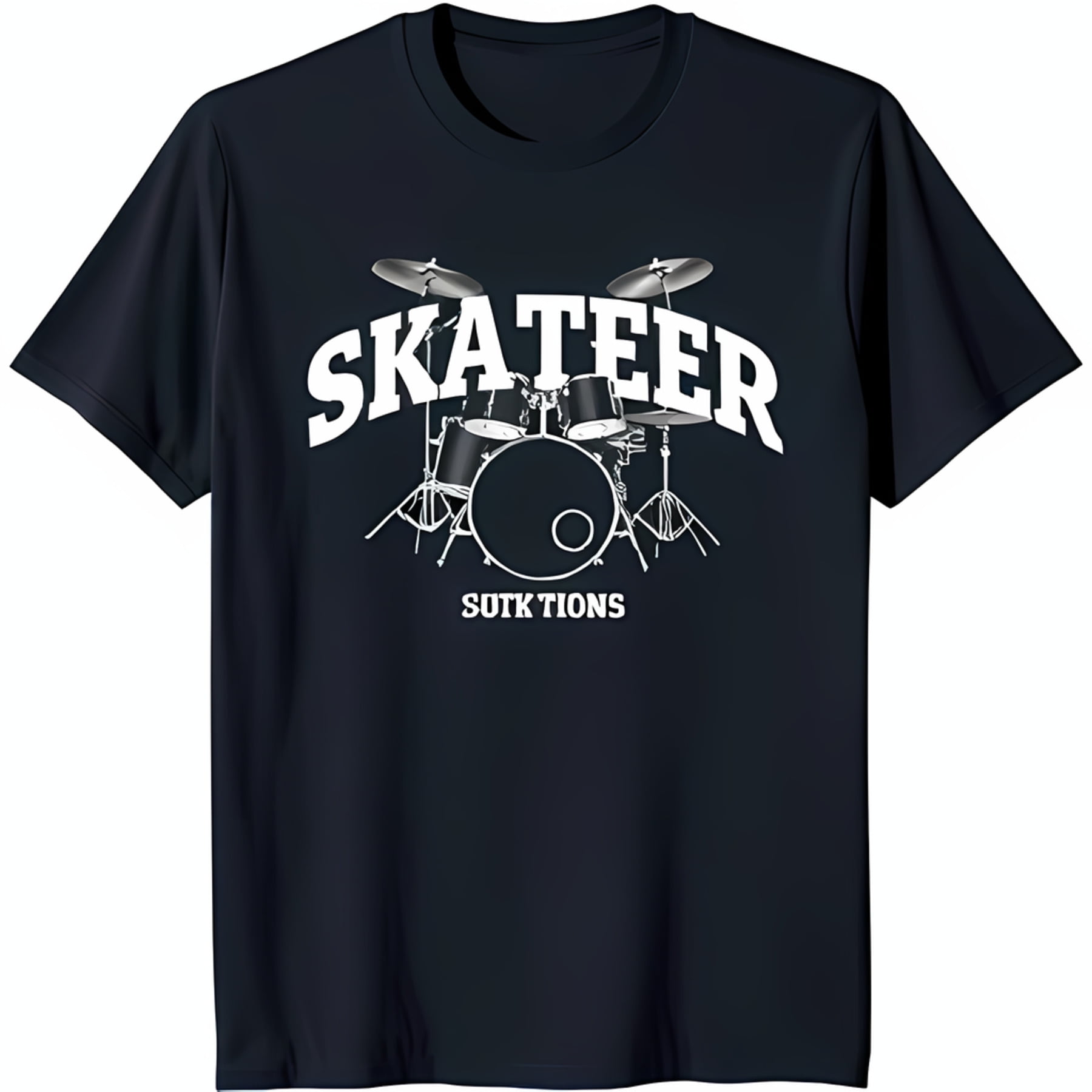 Black Drummer TShirt with Bold Drum Set Graphic 'SKATEER' & 'SUTKTIONS