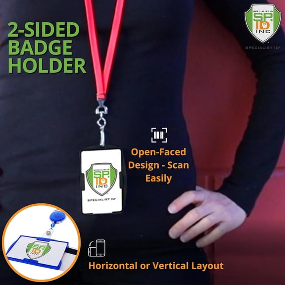 Black Dual Card ID Badge Holder - Holds 2 Cards - Rigid Hard Plastic - Double Sided Card Holder for Horizontal or Vertical Badges - Open Face Design