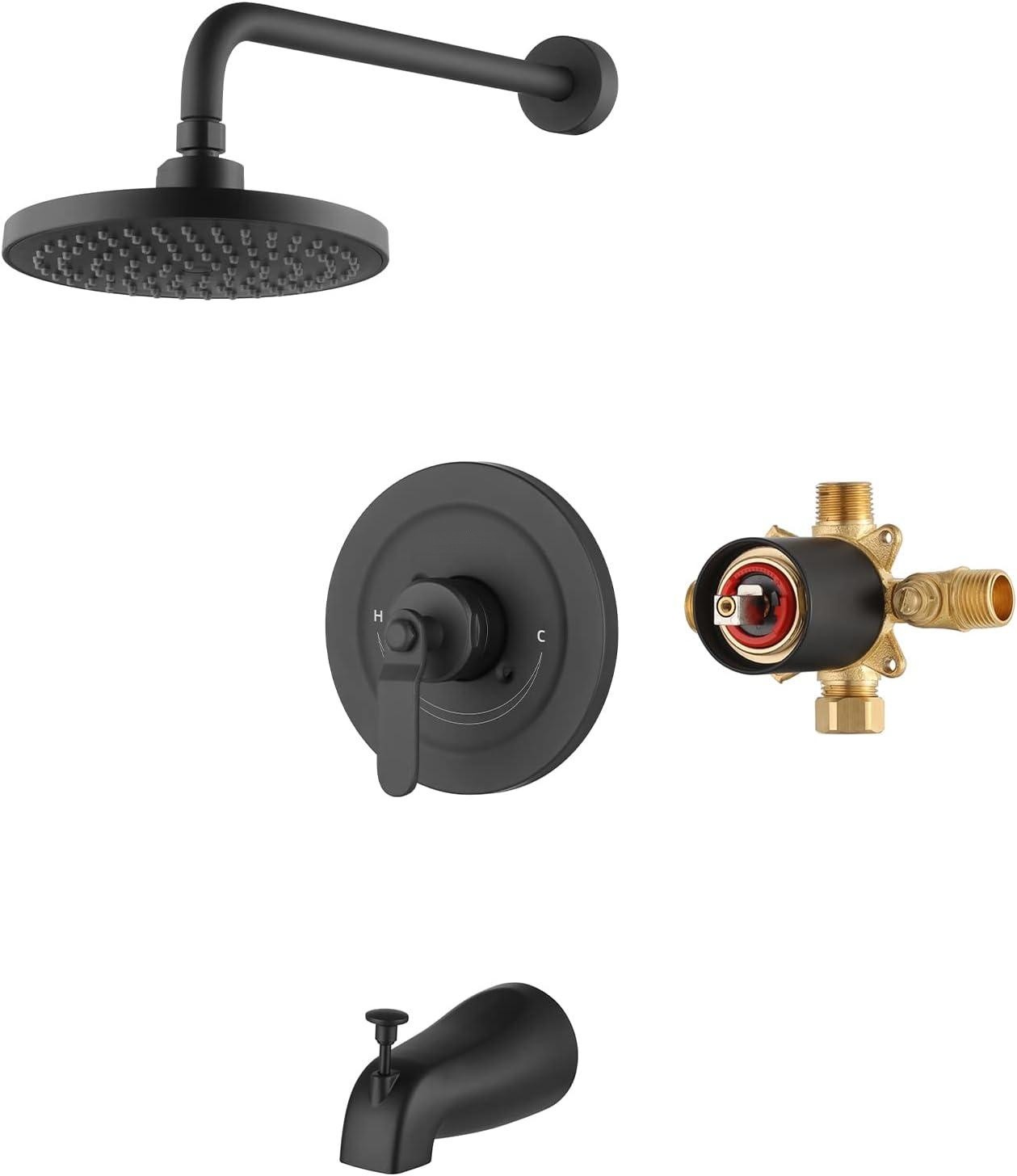 Black Dual Function Shower Faucet Set with Tub Spout，Shower Trim Kit(Valve Included) with 8 Inch
