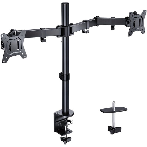 Black Dual Monitor Desk Mount (17.6Lbs Capacity) - Full Adjustable Swivel VESA Bracket, Cable Management & C Clamp/Grommet Base for 13-32 Inch Computer Screens