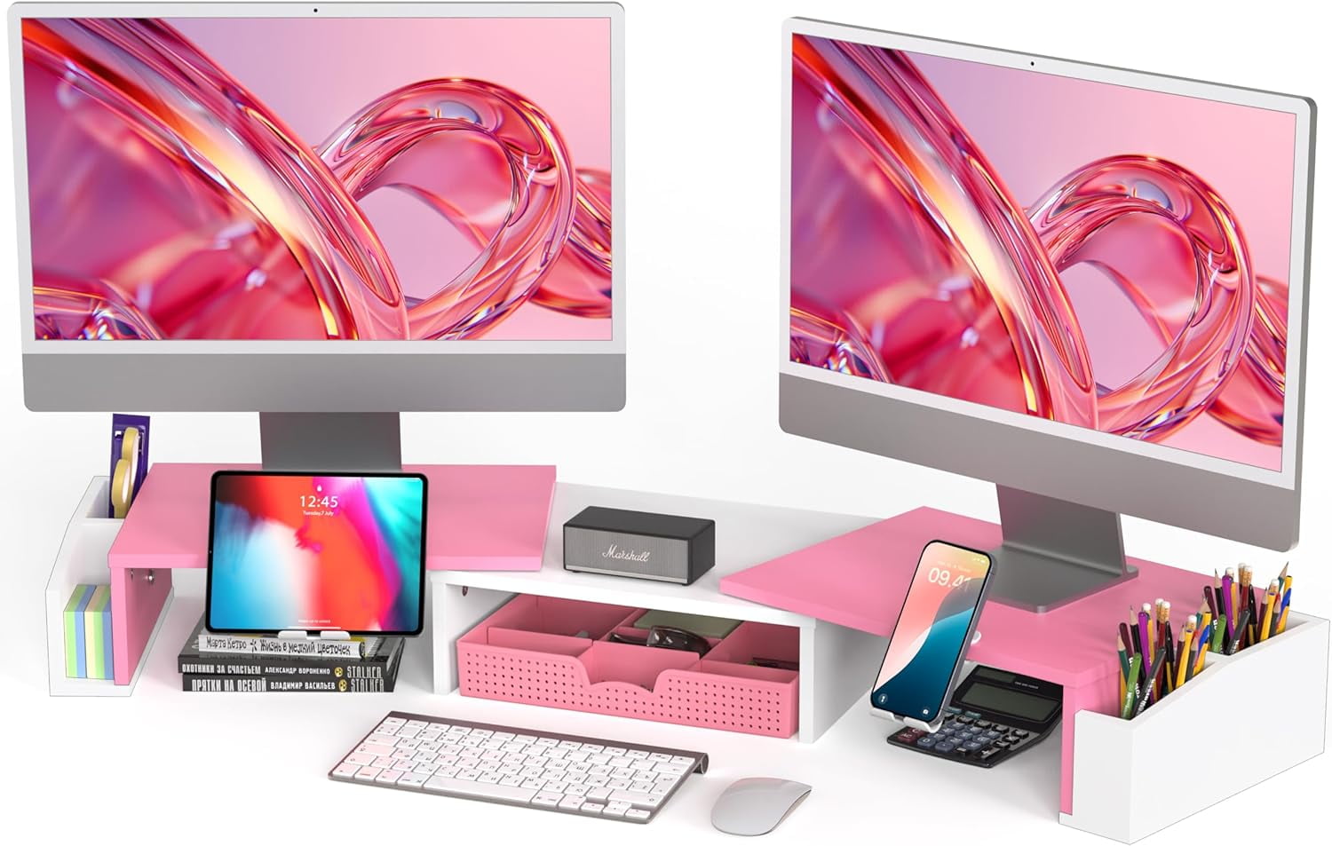 Black Dual Monitor Stand Riser with Storage Drawer