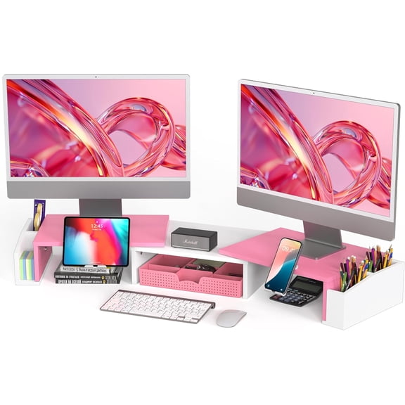 Black Dual Monitor Stand Riser with Storage Drawer