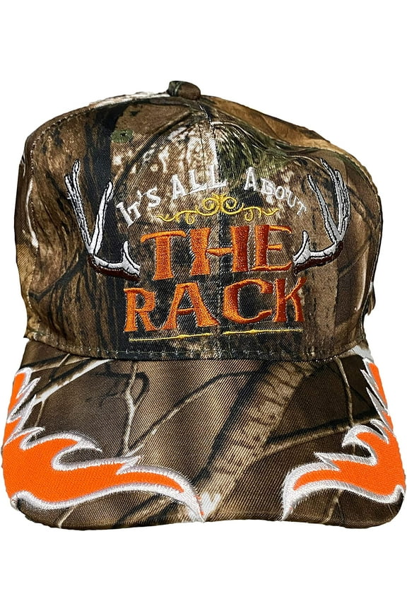 Embroidered Hunters Baseball Cap with Camouflage Flames It's All About The Rack (Camouflage)