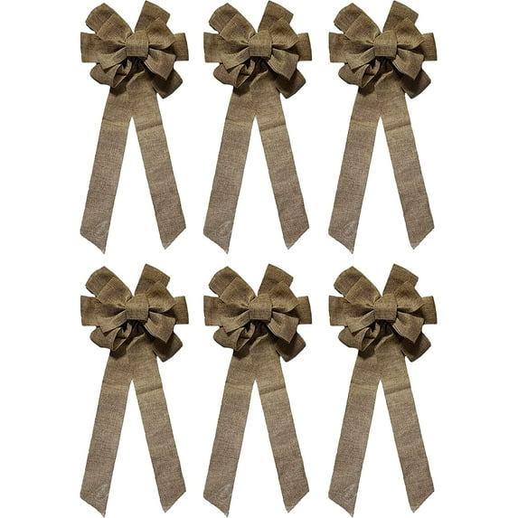 Black Duck Brand Set of 6 Tan Burlap Bows - Rustic Themed - Measures 9" W x 22" L - Burlap Ribbon Bows - Holiday Decorations